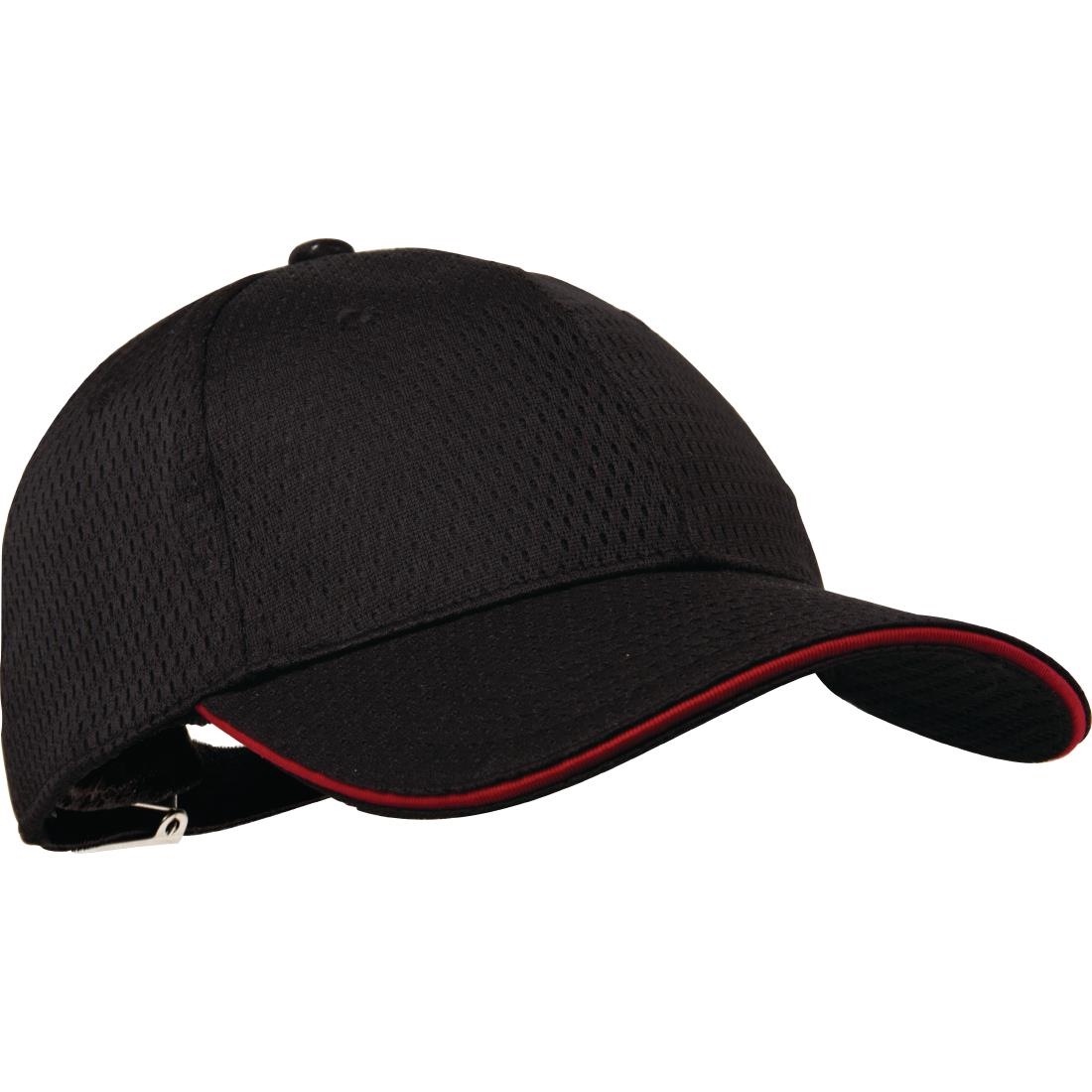 a945_chef-works-trim-peak-red.jpg Chef Works Cool Vent Baseball Cap Black with Red Trim - Image 1