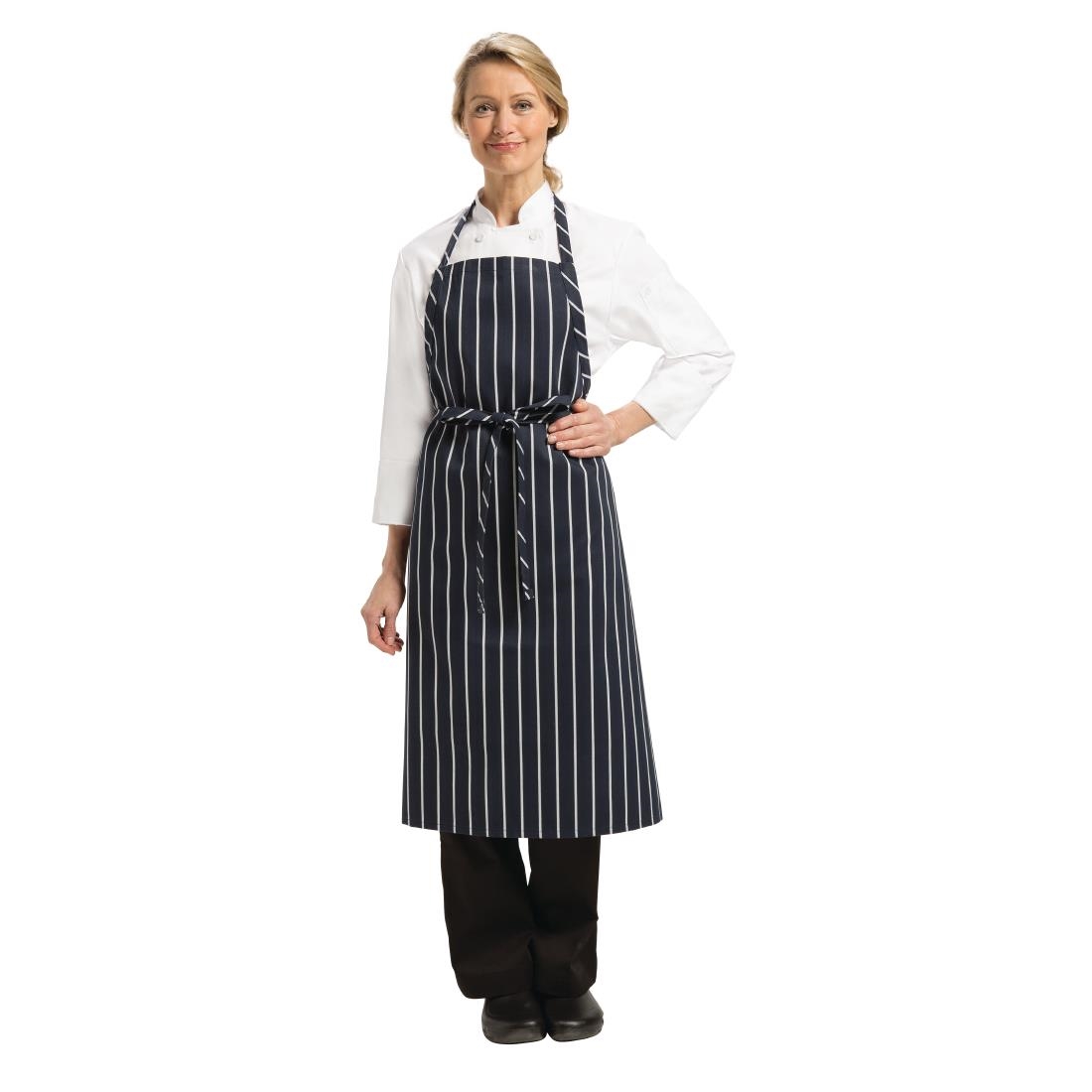 b249_5121.jpg Chef Works Premium Woven Bib Apron Navy & White Stripe - Image 1